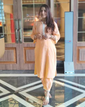 Fluer Peach Cotton Kurta With Laced Salwar