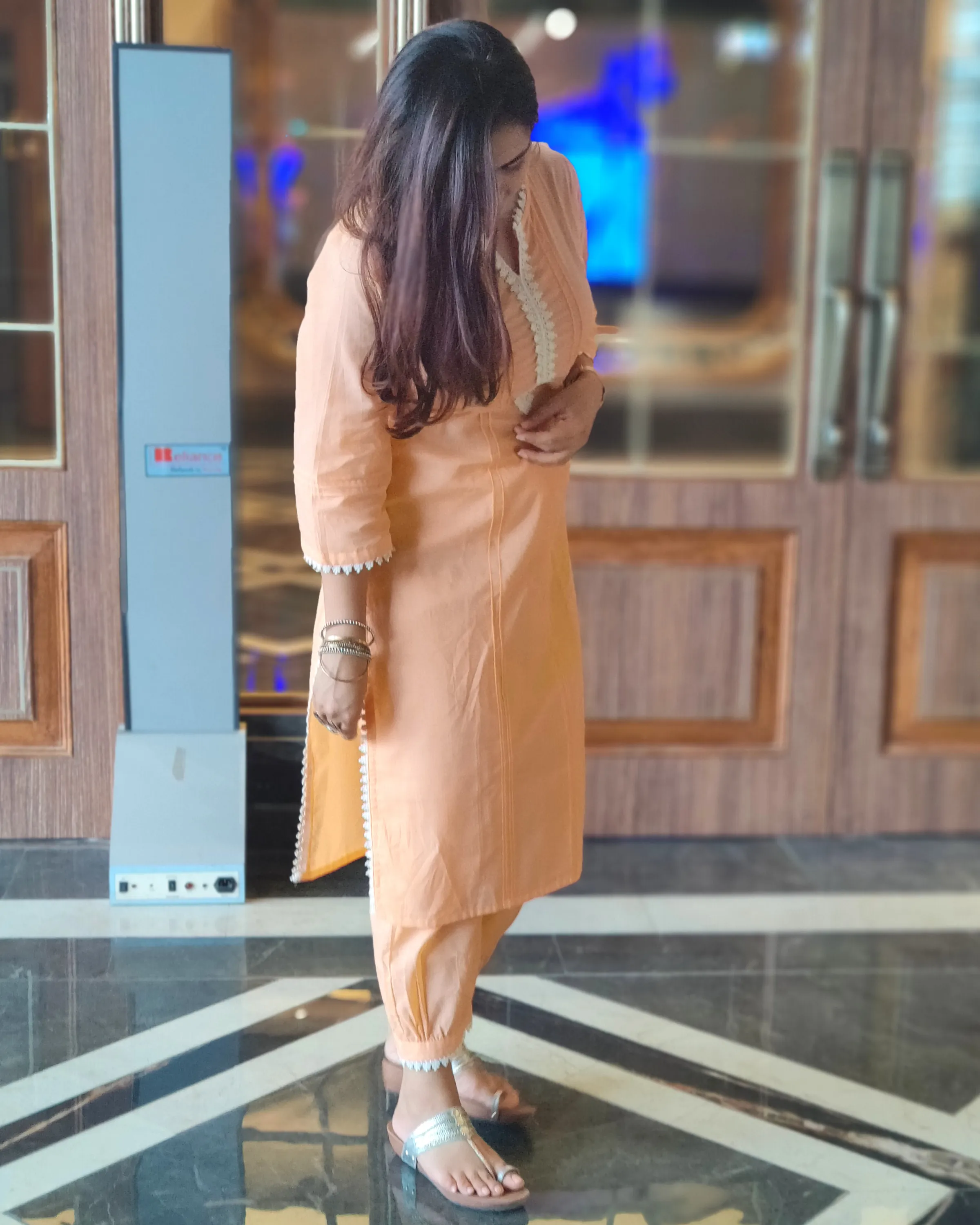 Fluer Peach Cotton Kurta With Laced Salwar