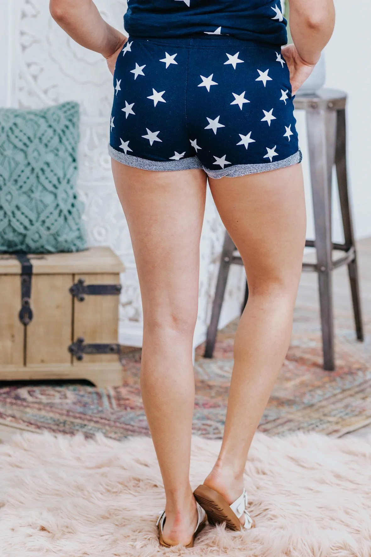 Free To Be Me Star Detail Shorts in Navy