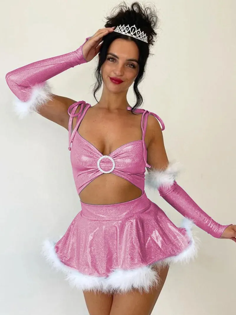 Getadme Autumn Winter Women's Pink Red Night Club  A-line Dress Fashion Sexy V-neck Lace-up Fur Patchwork Hollow Out Mini Dresses