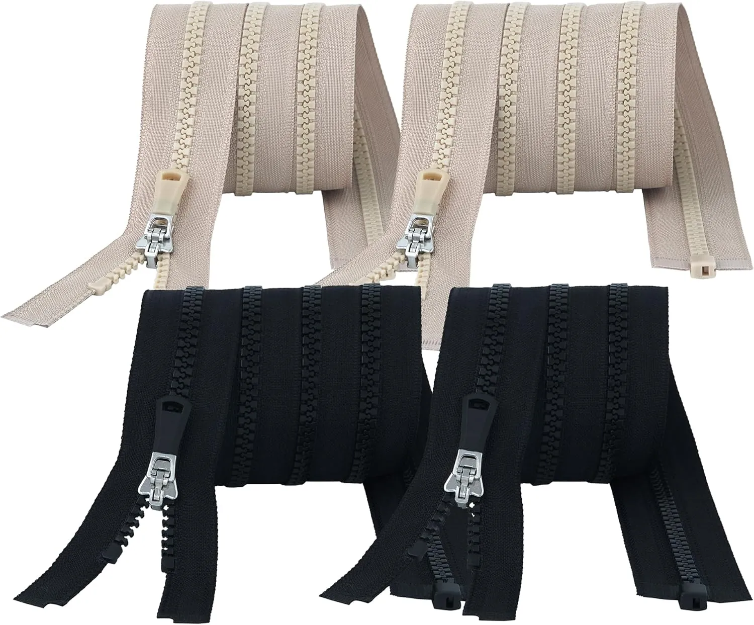 HKK 4pcs #5 28" & 32" Jacket Zipper Replacement, Separating Zippers, Durable Black & Beige with Semi-Autolock Rubber Pullers, Nickel-Free DIY Repair & Sewing for Jackets, Coats