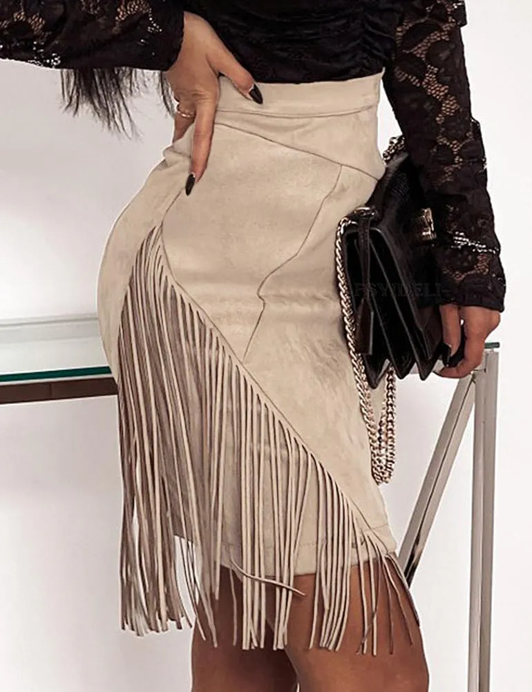 IDEALSANXUN Fringe Suede Skirt for Women High Waisted Tassel Short Mini Skirt