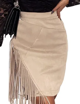 IDEALSANXUN Fringe Suede Skirt for Women High Waisted Tassel Short Mini Skirt