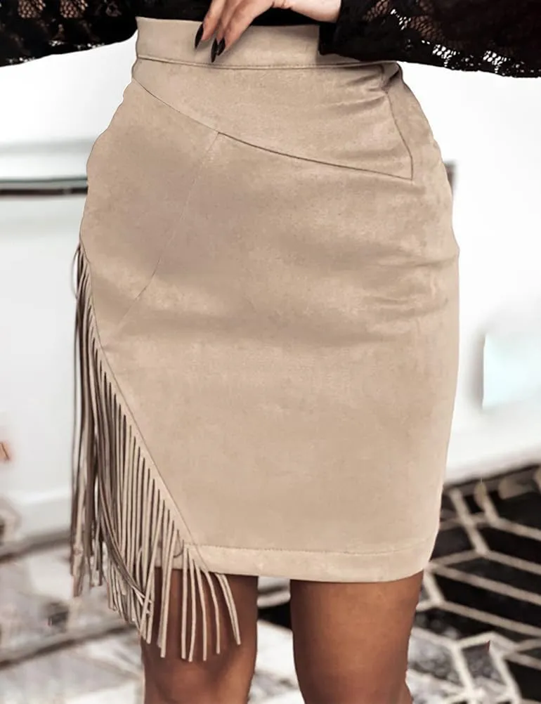 IDEALSANXUN Fringe Suede Skirt for Women High Waisted Tassel Short Mini Skirt
