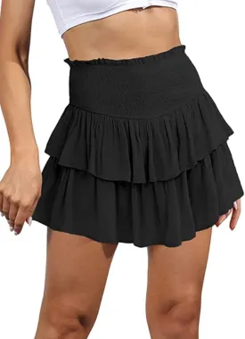 IDEALSANXUN Ruffle Mini Skirt for Women Smocked Waist A Line Cute Short Flowy Skirt