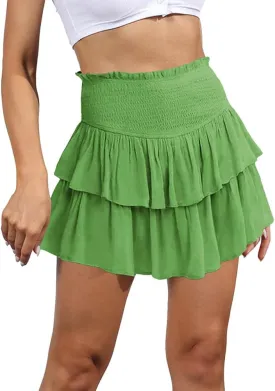 IDEALSANXUN Ruffle Mini Skirt for Women Smocked Waist A Line Cute Short Flowy Skirt