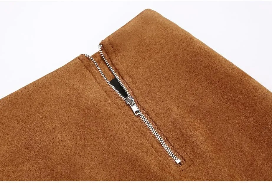 IDEALSANXUN Suede Skirts for Women High Waisted Bodycon Mini Skirt with Double Zipper