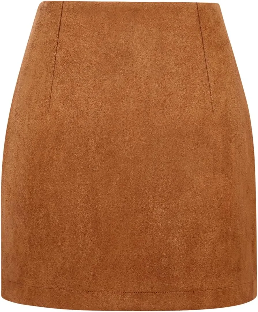 IDEALSANXUN Suede Skirts for Women High Waisted Bodycon Mini Skirt with Double Zipper