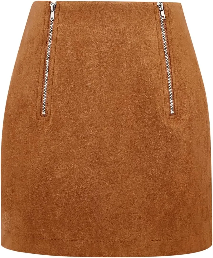IDEALSANXUN Suede Skirts for Women High Waisted Bodycon Mini Skirt with Double Zipper