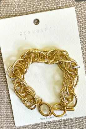 Metal Nested Mesh Rope Chain Link Bracelet Featuring T-Bar Closure, Gold