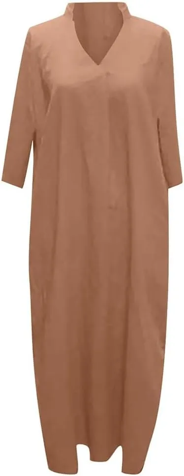 Mywinway Linen Dresses for Women Spring Summer V Neck 3/4 Sleeve Trendy Cute Maxi Shirt Shift Tshirt Dress with Pockets
