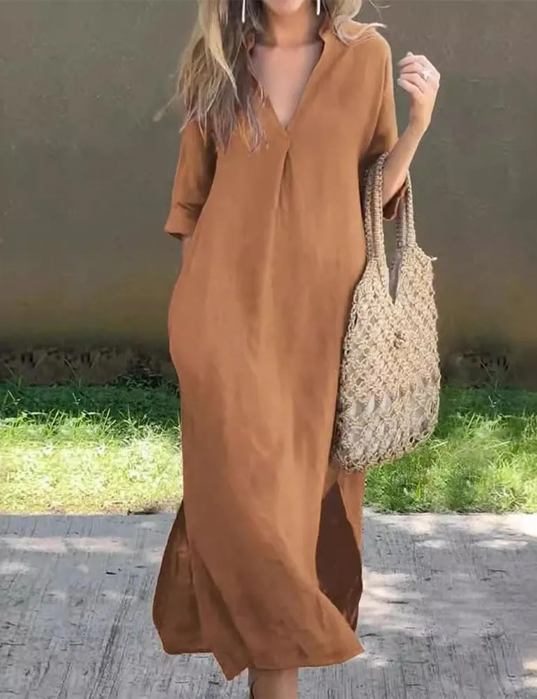 Mywinway Linen Dresses for Women Spring Summer V Neck 3/4 Sleeve Trendy Cute Maxi Shirt Shift Tshirt Dress with Pockets