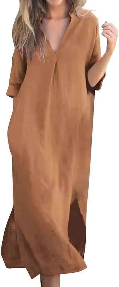 Mywinway Linen Dresses for Women Spring Summer V Neck 3/4 Sleeve Trendy Cute Maxi Shirt Shift Tshirt Dress with Pockets