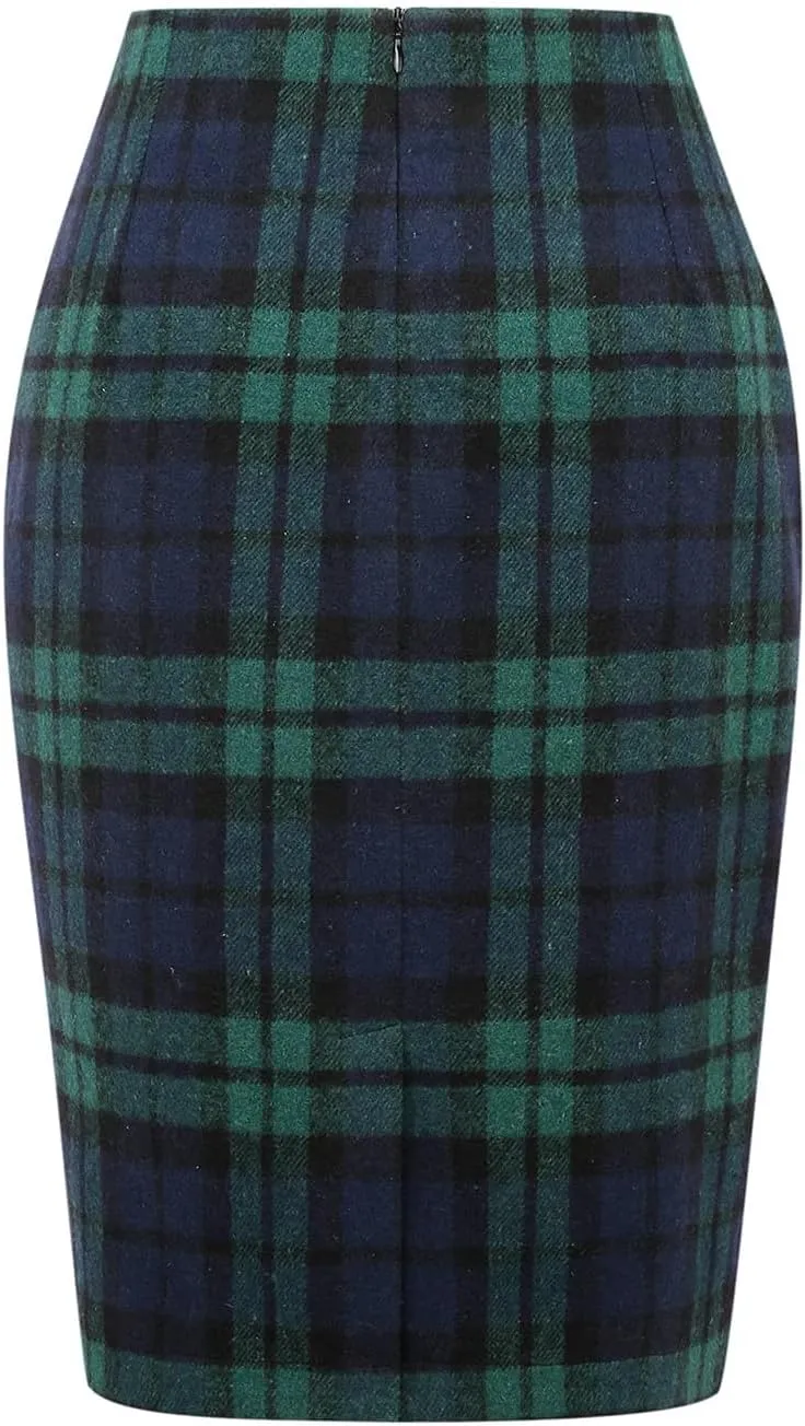 Mywinway Plaid Skirts for Women 2024 Fall Winter Knee Length Wool Pencil Skirt
