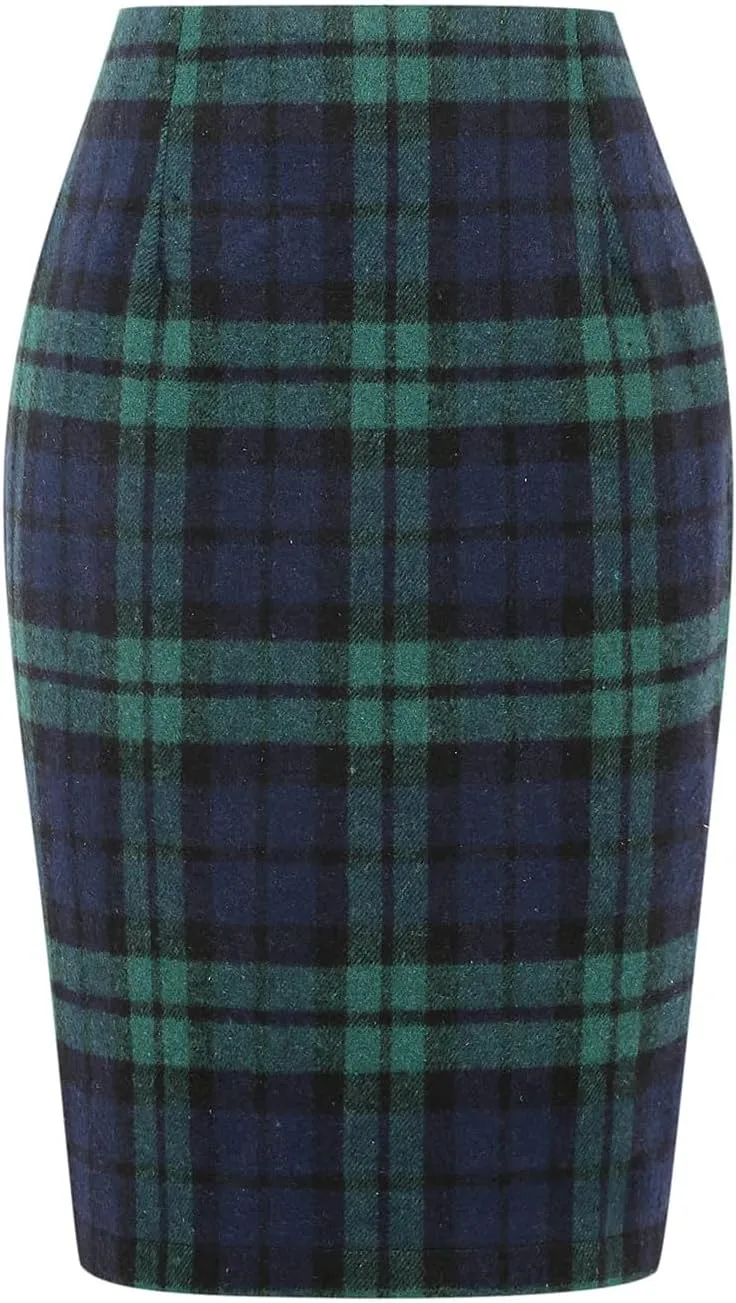 Mywinway Plaid Skirts for Women 2024 Fall Winter Knee Length Wool Pencil Skirt