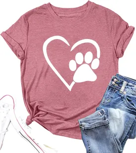 Paw Love Shirt Dog Lover Shirts for Women Paw Print Heart Tee Shirt Cute Dog Mom Short Sleeve Tee Tops