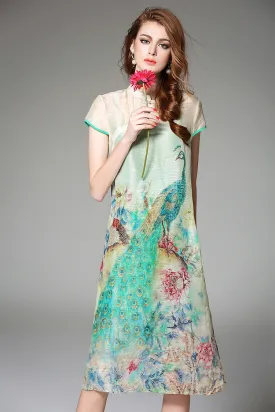 Peacock Print Silk Dress
