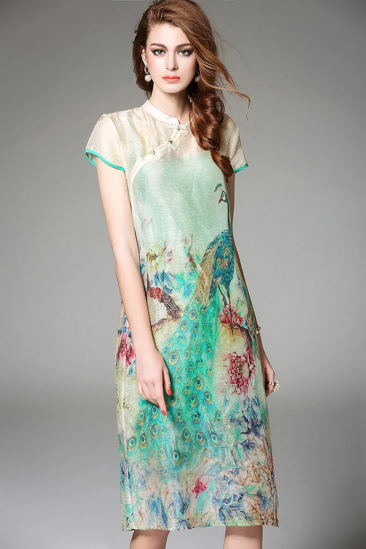 Peacock Print Silk Dress