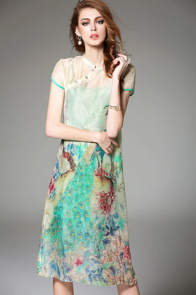 Peacock Print Silk Dress