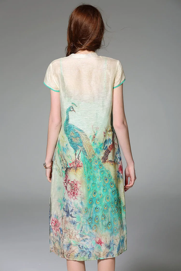 Peacock Print Silk Dress
