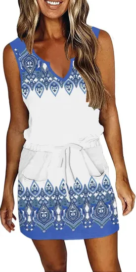 SAUKOLE Womens Sleeveless T Shirt Dresses 2025 Casual Cute Floral Print Short Dress Summer Fashion Front Pockets