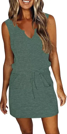 SAUKOLE Womens Sleeveless T Shirt Dresses 2025 Casual Cute Floral Print Short Dress Summer Fashion Front Pockets