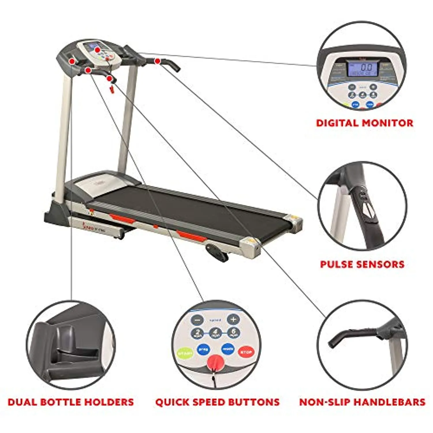Sunny Health & Fitness Exercise Treadmills, Motorized Running Machine for Home with Folding, Easy Assembly, Sturdy, Portable and Space Saving - SF-T7603, Grey