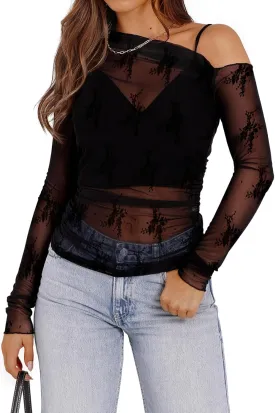 WIHOLL Womens Mesh Sheer Tops Sexy Crew Neck Summer Loose FIt Party Clubwear Shirts