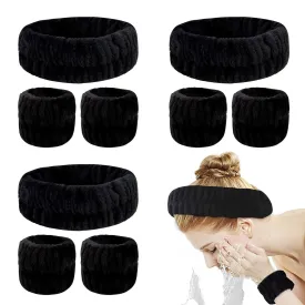 YARIEW Spa Set - 3 Makeup Facial Headbands and 6 Terry Cloth Wrist Bands for Women and Girls (Black)