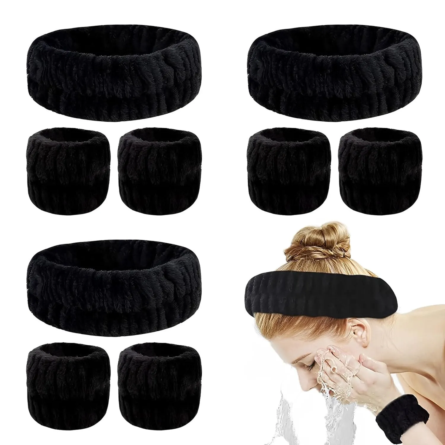 YARIEW Spa Set - 3 Makeup Facial Headbands and 6 Terry Cloth Wrist Bands for Women and Girls (Black)