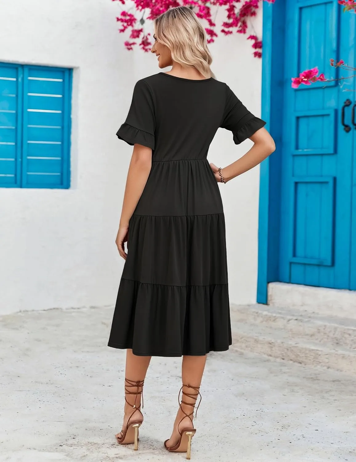 Zeagoo Women's Summer Dresses Midi Tiered Casual Dress Floral V Neck Ruffle Short Sleeve Flowy Beach Dress with Pockets