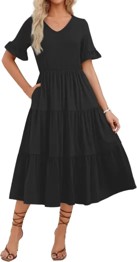 Zeagoo Women's Summer Dresses Midi Tiered Casual Dress Floral V Neck Ruffle Short Sleeve Flowy Beach Dress with Pockets