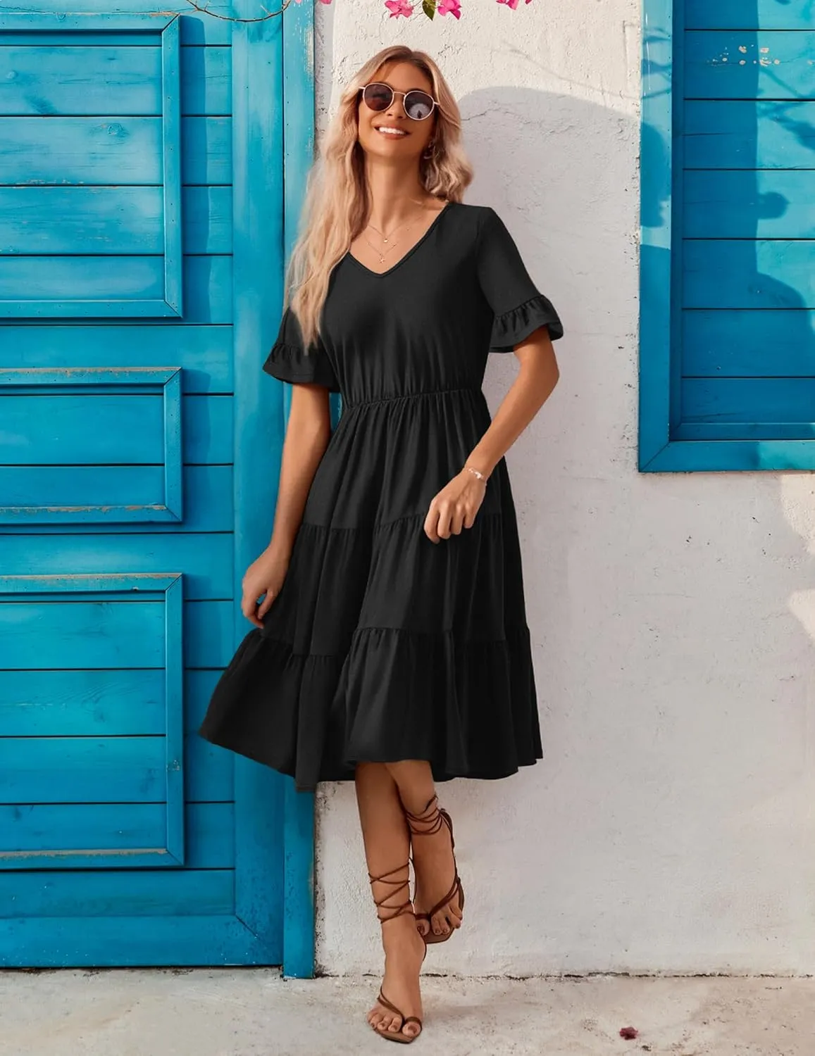Zeagoo Women's Summer Dresses Midi Tiered Casual Dress Floral V Neck Ruffle Short Sleeve Flowy Beach Dress with Pockets