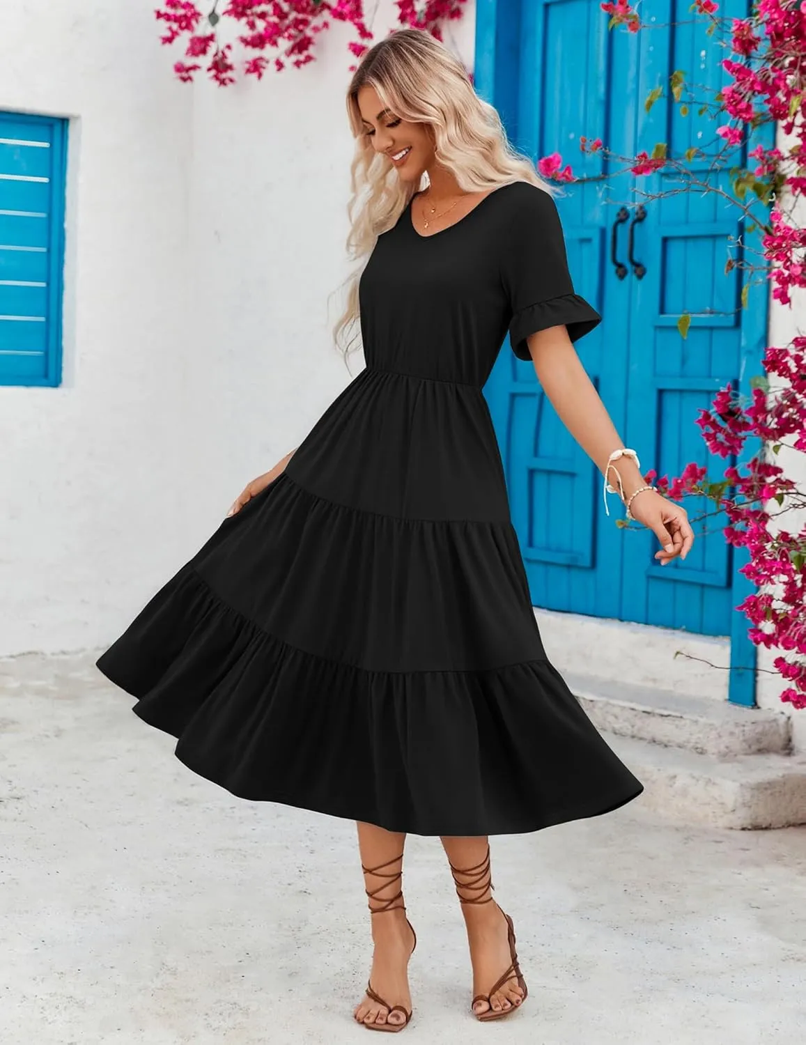 Zeagoo Women's Summer Dresses Midi Tiered Casual Dress Floral V Neck Ruffle Short Sleeve Flowy Beach Dress with Pockets